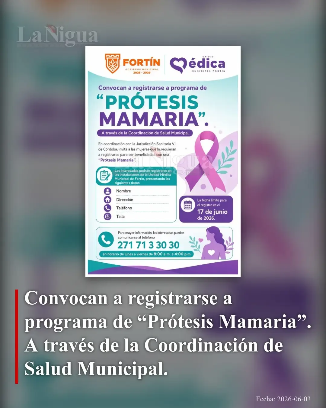 Convocan a mujeres para registrarse en programa de prótesis mamaria en Fortín