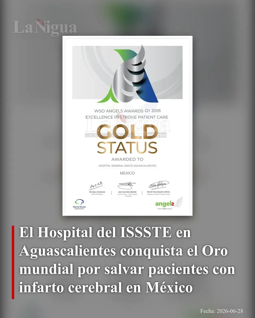 Hospital del ISSSTE en Aguascalientes recibe premio mundial por su atención en accidentes cerebrovasculares
