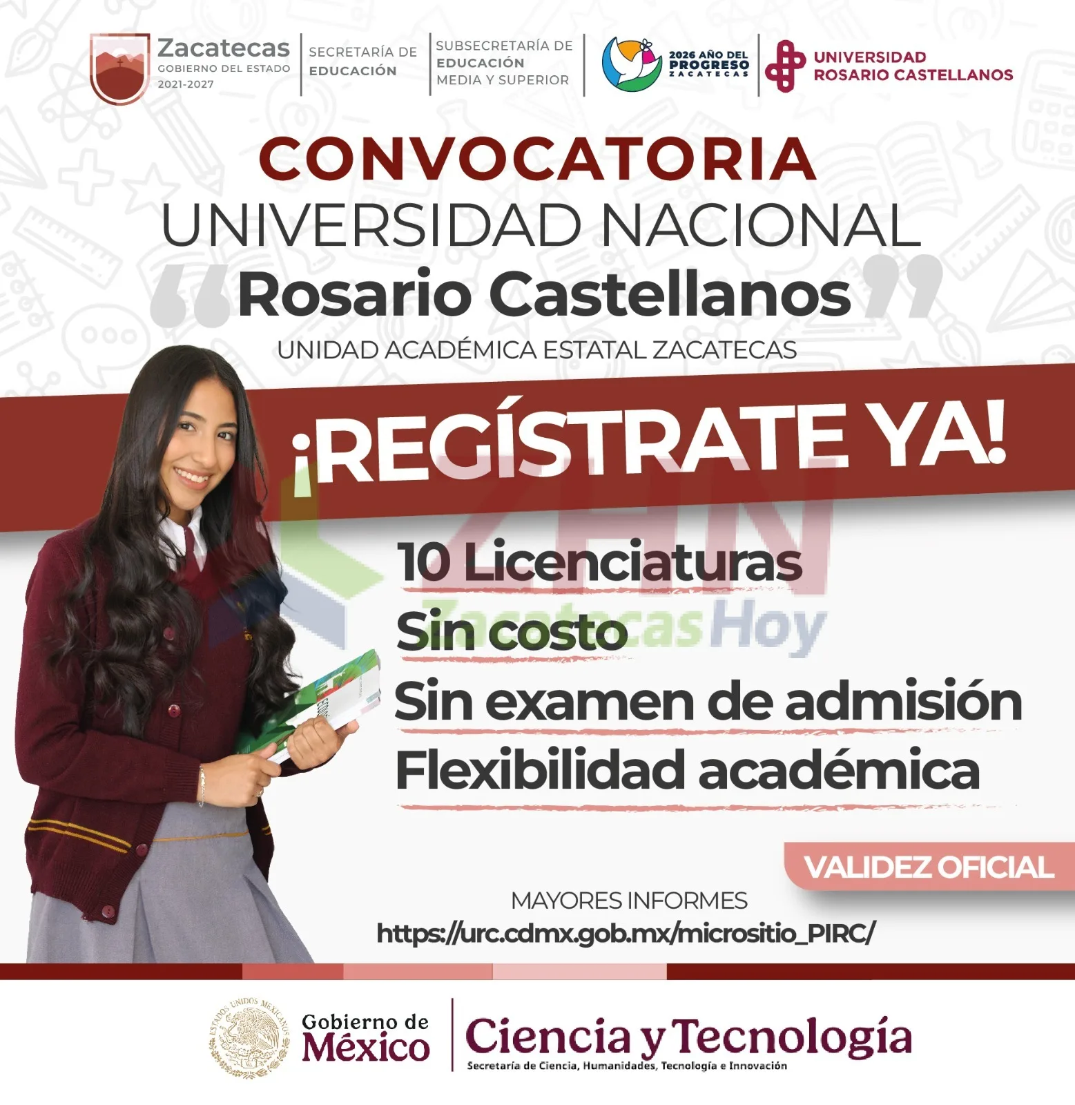 Abren inscripciones gratuitas para 500 plazas en la Universidad Nacional Rosario Castellanos en Zacatecas