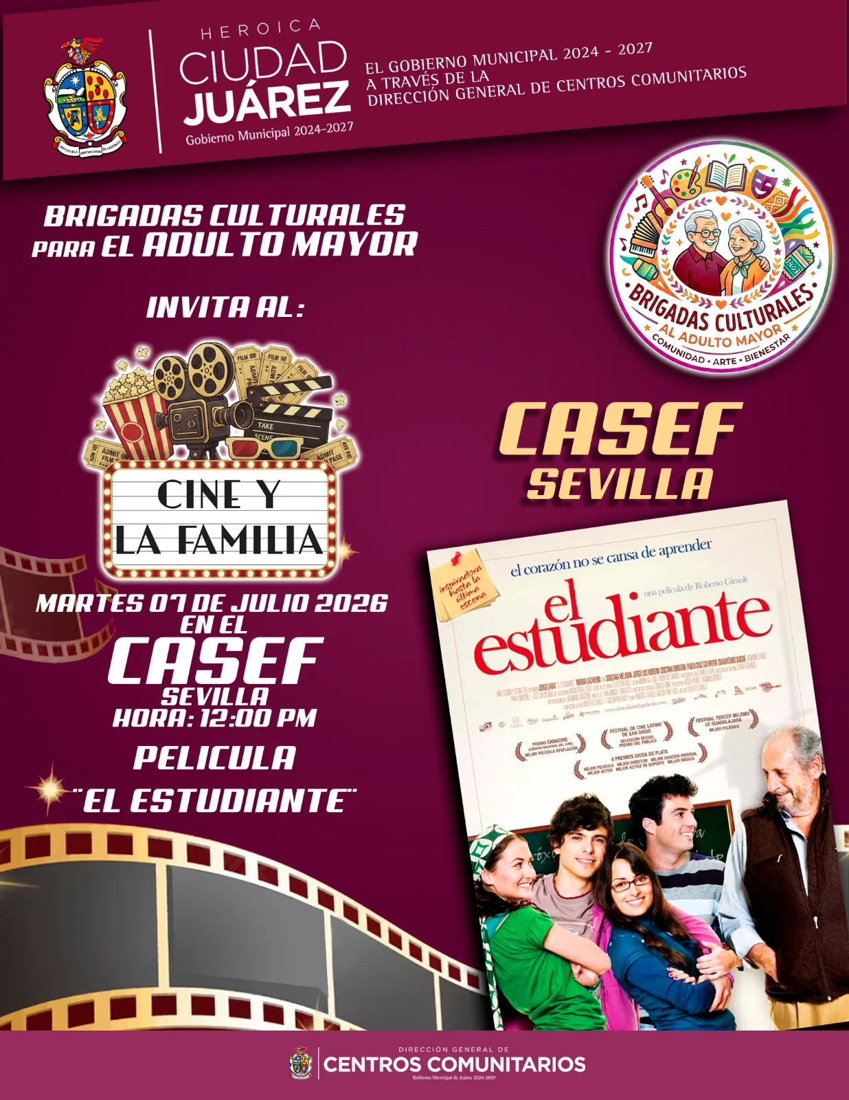 Centros Comunitarios convocan a función gratuita de cine para adultos mayores en CASEF Sevilla