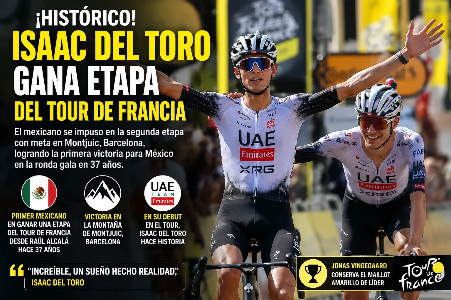 Isaac del Toro gana etapa del Tour de Francia y recupera la gloria del ciclismo mexicano