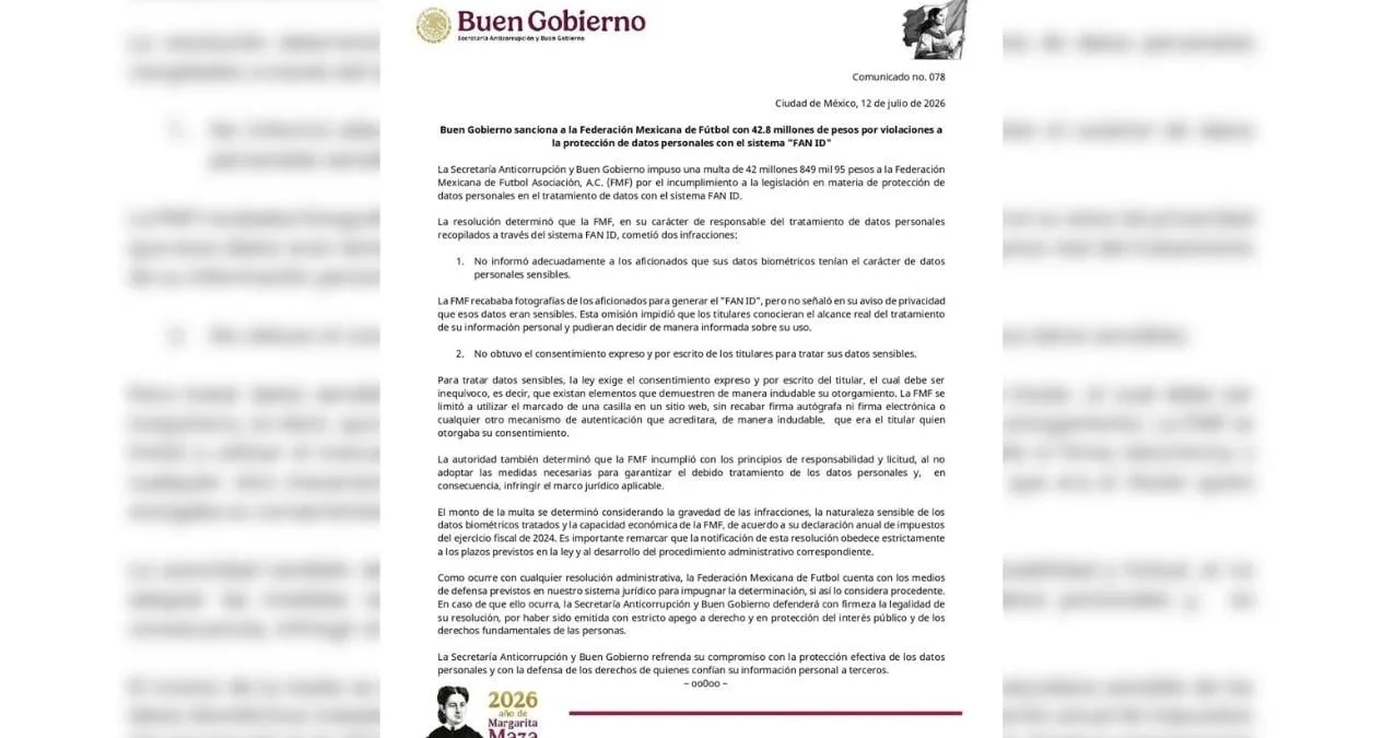 Multan a la FMF con más de 42 millones por incumplimientos en protección de datos del Fan ID