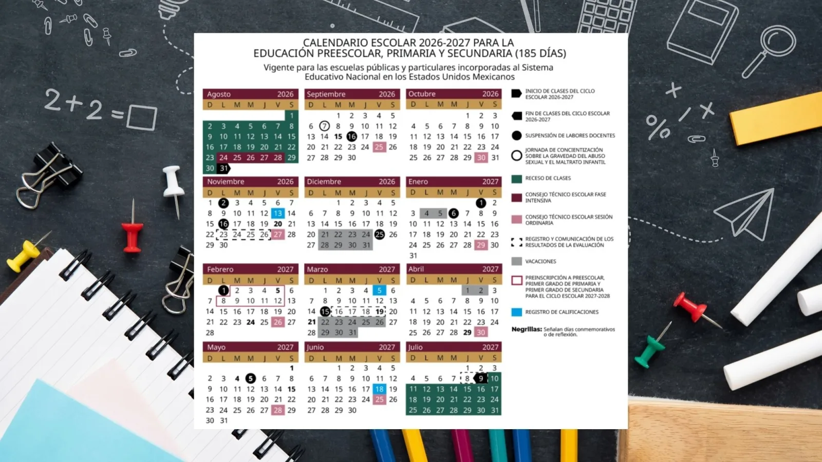 SEP publica calendario escolar 2026-2027 con 185 días de clases y 17 días sin actividades